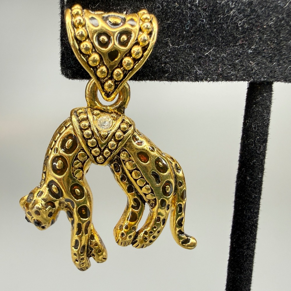 Vintage Leopard Panther Drop Earrings Pierced Gold Tone Black Enamel Rhinestone
